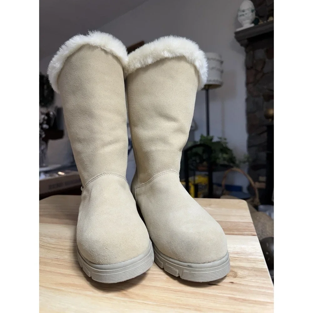 Sporto Boots Women's Sz 7 Mid Calf Pull On Winter Snow Boot Camel Suede Leather